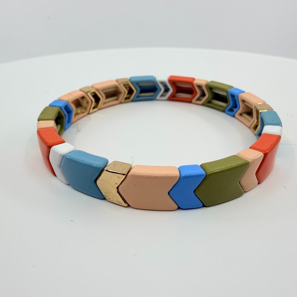 Vintage Multi Color‎ Enamel Chevron Tile Stretch Bracelet Boho Tila Bead Y2K 90s